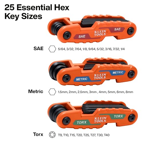 Klein Tools 70543 Juego de llaves hexagonales plegables compactas de 3 piezas, métricas, SAE, tamaños Torx, 25 llaves, acero de aleación tratado térmicamente de resistencia industrial