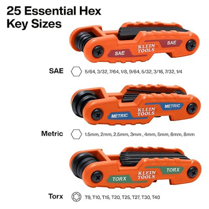 Klein Tools 70543 Juego de llaves hexagonales plegables compactas de 3 piezas, métricas, SAE, tamaños Torx, 25 llaves, acero de aleación tratado térmicamente de resistencia industrial