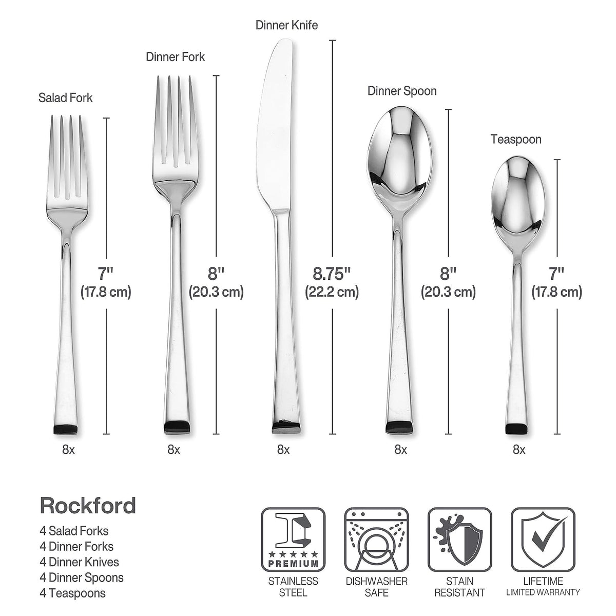 Mikasa Rockford - Juego de cubiertos de acero inoxidable 18/10, 20 piezas, servicio para 4, color plateado