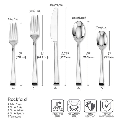 Mikasa Rockford - Juego de cubiertos de acero inoxidable 18/10, 20 piezas, servicio para 4, color plateado