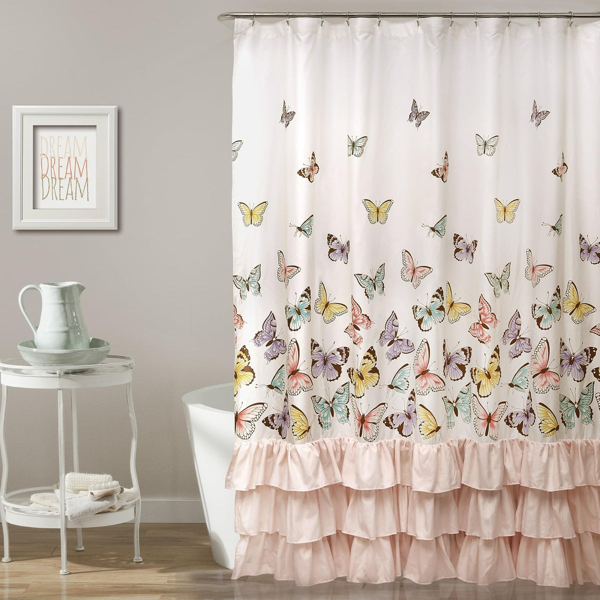 Lush Decor - Cortina de Ducha de Mariposas con Vuelo, decoración de baño de Tela con Estampado de Volantes, 72 x 72 Pulgadas, Color Rosa
