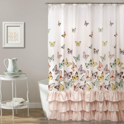 Lush Decor - Cortina de Ducha de Mariposas con Vuelo, decoración de baño de Tela con Estampado de Volantes, 72 x 72 Pulgadas, Color Rosa