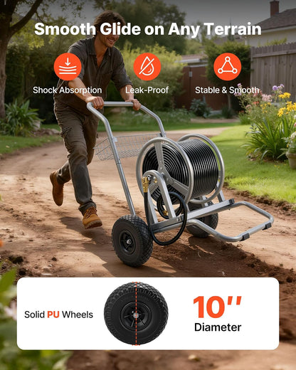 VEVOR Carro Portamangueras de Jardín de Alta Presión de 60/90 Metros, con Dos Ruedas, Asa y Cesta de Almacenamiento de Malla Resistente, para Jardín, Automóvil y Mascotas, 675 x 610 x 900 mm, Plata