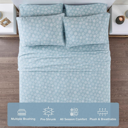 Comfort Spaces - Sábanas de Franela de algodón Transpirable y cálidas con Bolsillo Profundo con Funda de Almohada, tamaño matrimonial, Copos de Nieve Azules, 4 Piezas