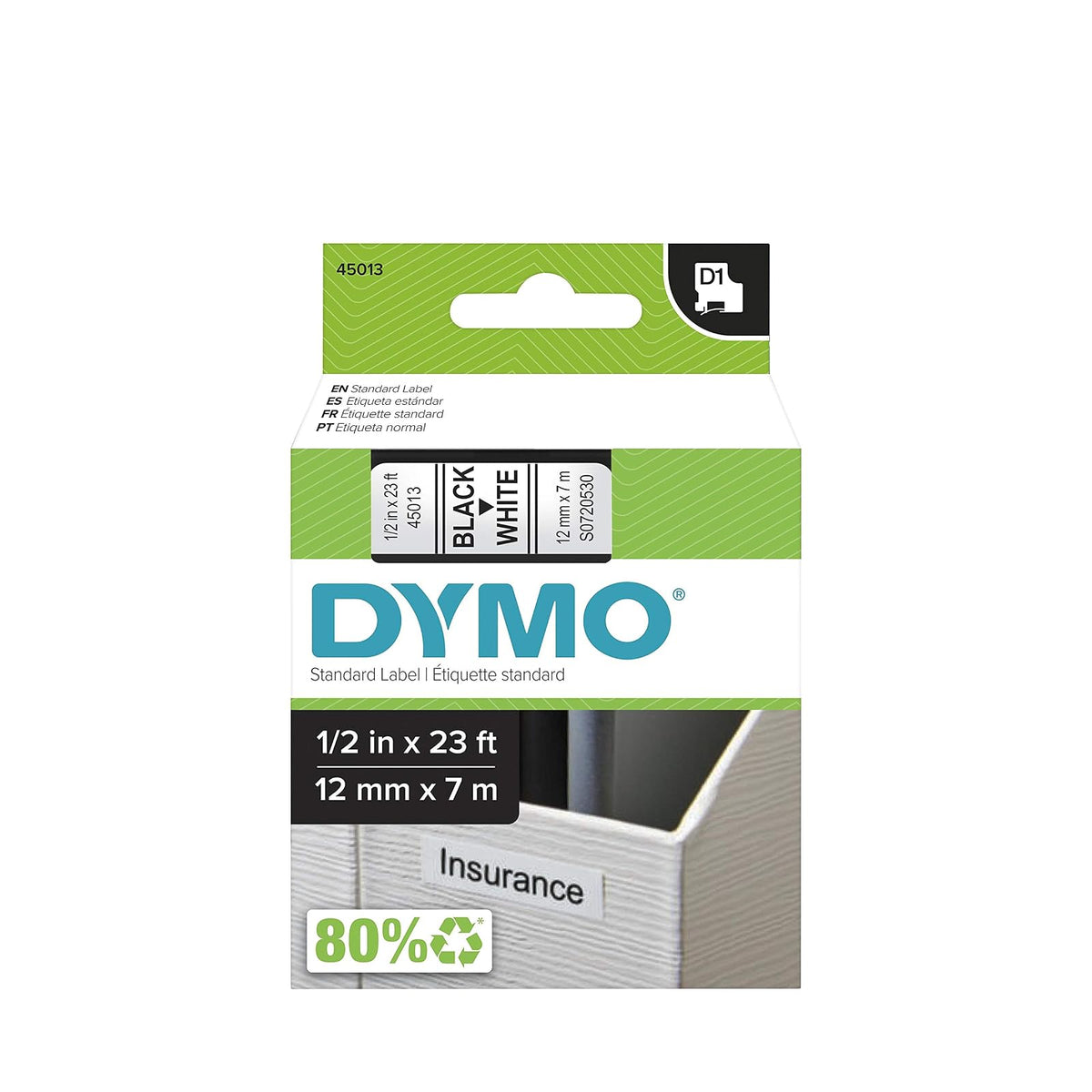 Dymo 45013 Cinta D1 1/2" 12mm x 7m, Letra, negro/blanco