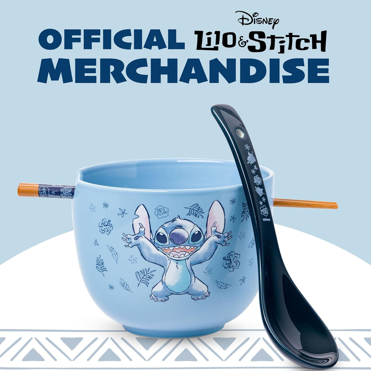 Silver Buffalo Tazón de Cerámica Floral Lilo y Stitch 20 oz | Con palillos y cuchara, apto para microondas y lavaplatos, decoración floral