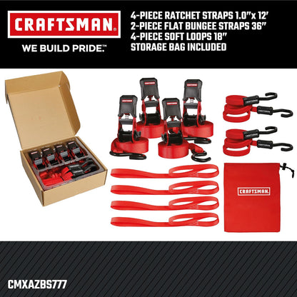 Craftsman Kit de Amarre de 10 Piezas Negro/Rojo con Correas de Trinquete y Bolsa 12 Pies x 1 Pulgada CMXAZBS777