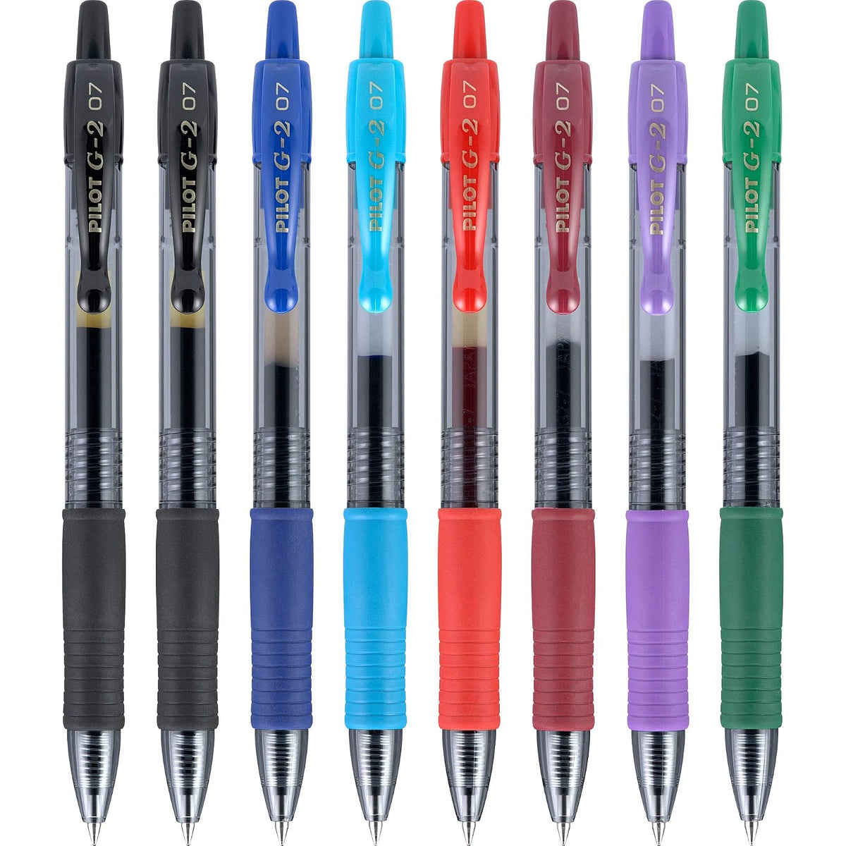 Pilot G2 Bolígrafos de tinta de gel recargables y retráctiles, punta fina (0,7 mm), negro/azul/turquesa/rojo/burdeos/púrpura/verde, 8 unidades (16603)