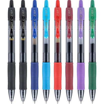 Pilot G2 Bolígrafos de tinta de gel recargables y retráctiles, punta fina (0,7 mm), negro/azul/turquesa/rojo/burdeos/púrpura/verde, 8 unidades (16603)