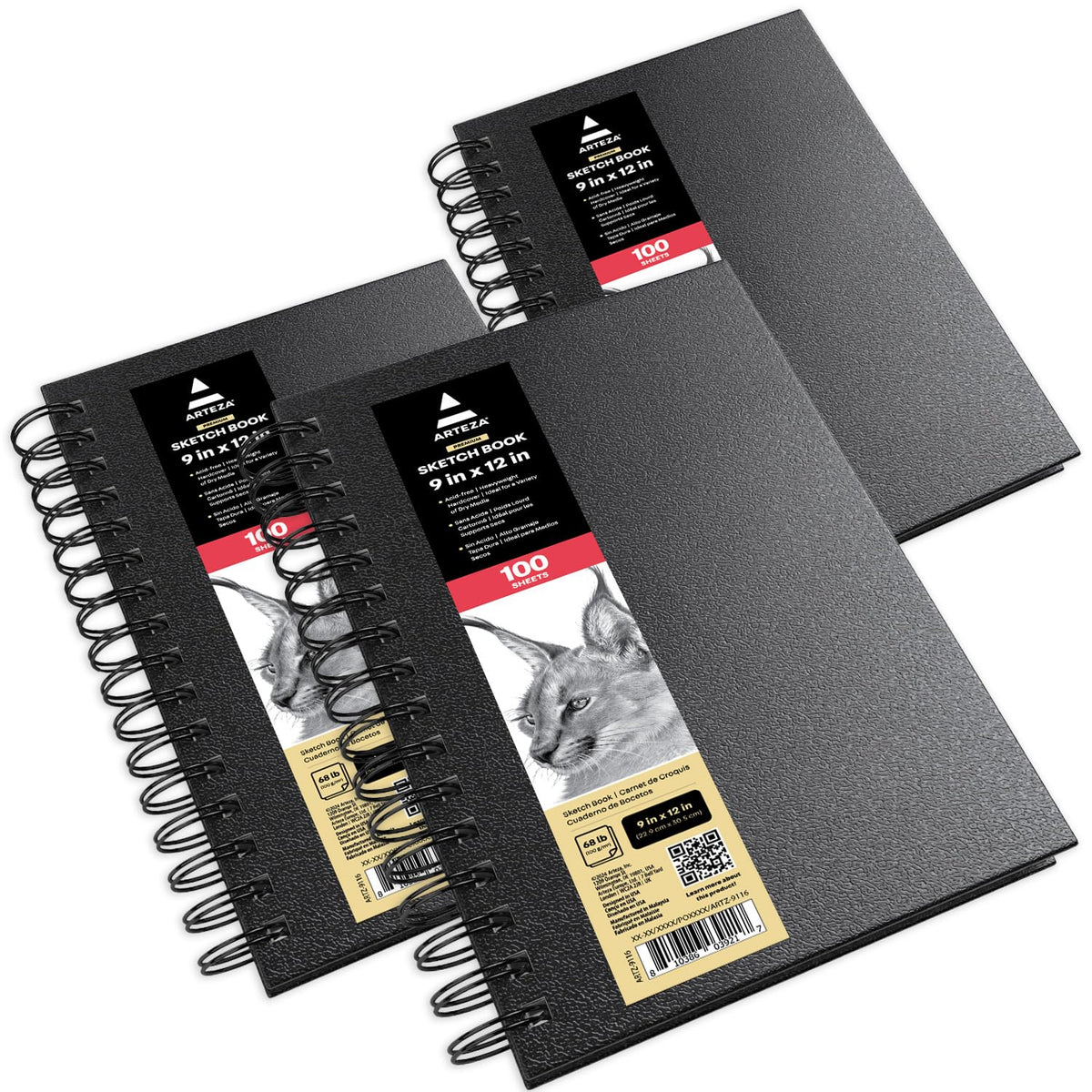 Arteza Cuaderno de Bocetos Espiral | 5.5 x 8.5 pulgadas, paquete de 3, 100 hojas, para dibujar, adultos y adolescentes