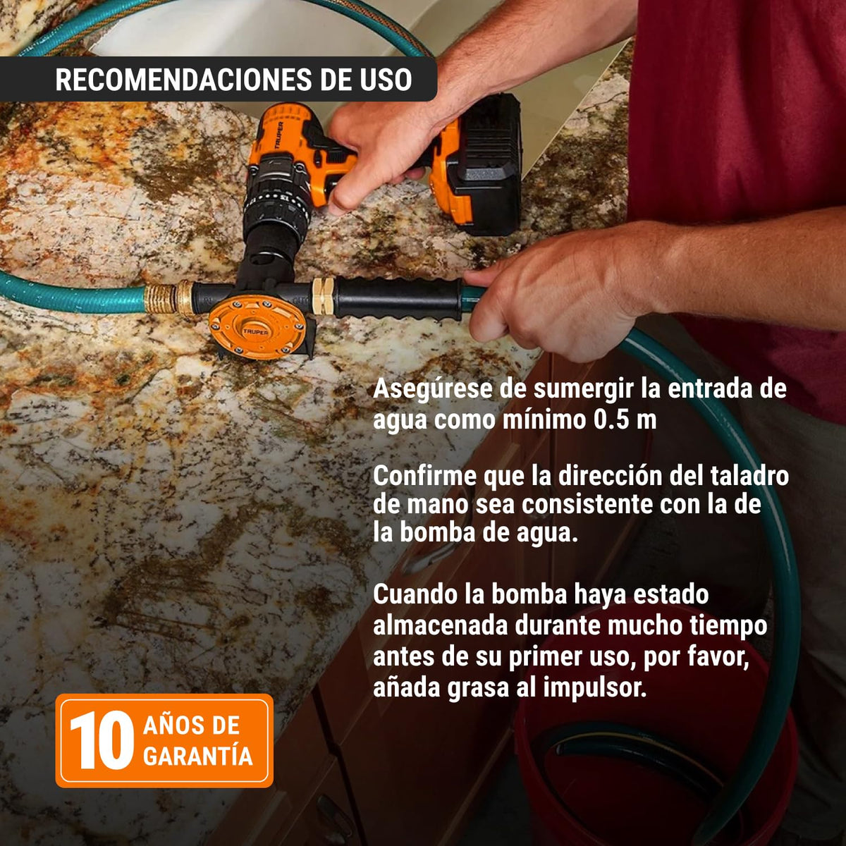 Truper BOT-1, Bomba autocebante para uso con taladro compatible con los broqueros comunes