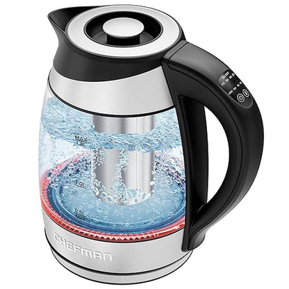 Chefman Hervidor eléctrico con control de temperatura, infusor de té extraíble, 5 luces indicadoras LED preestablecidas, base giratoria de 360°, sin BPA, acero inoxidable, 1,7 litros
