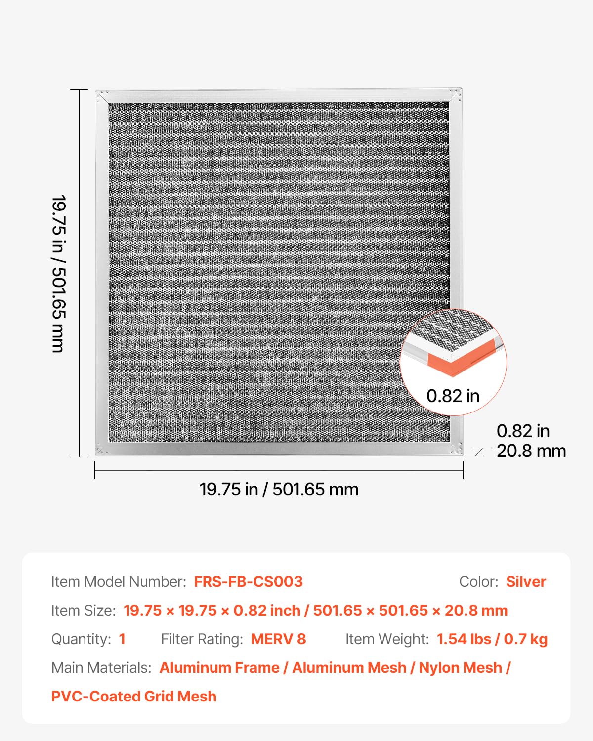 VEVOR Filtro de Aire Electrostático Sostenible, Lavable y Reutilizable, Aluminio, Horno AC/HVAC, MERV 8, Larga Vida Útil, Hogar u Oficina más Saludables, 393,7 x 501,65 x 20,8 mm, Plata, 1 ud