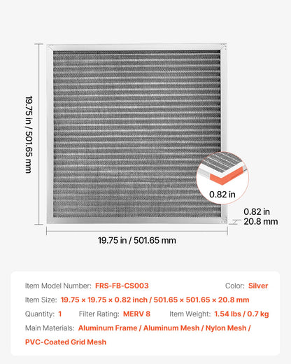 VEVOR Filtro de Aire Electrostático Sostenible, Lavable y Reutilizable, Aluminio, Horno AC/HVAC, MERV 8, Larga Vida Útil, Hogar u Oficina más Saludables, 393,7 x 501,65 x 20,8 mm, Plata, 1 ud