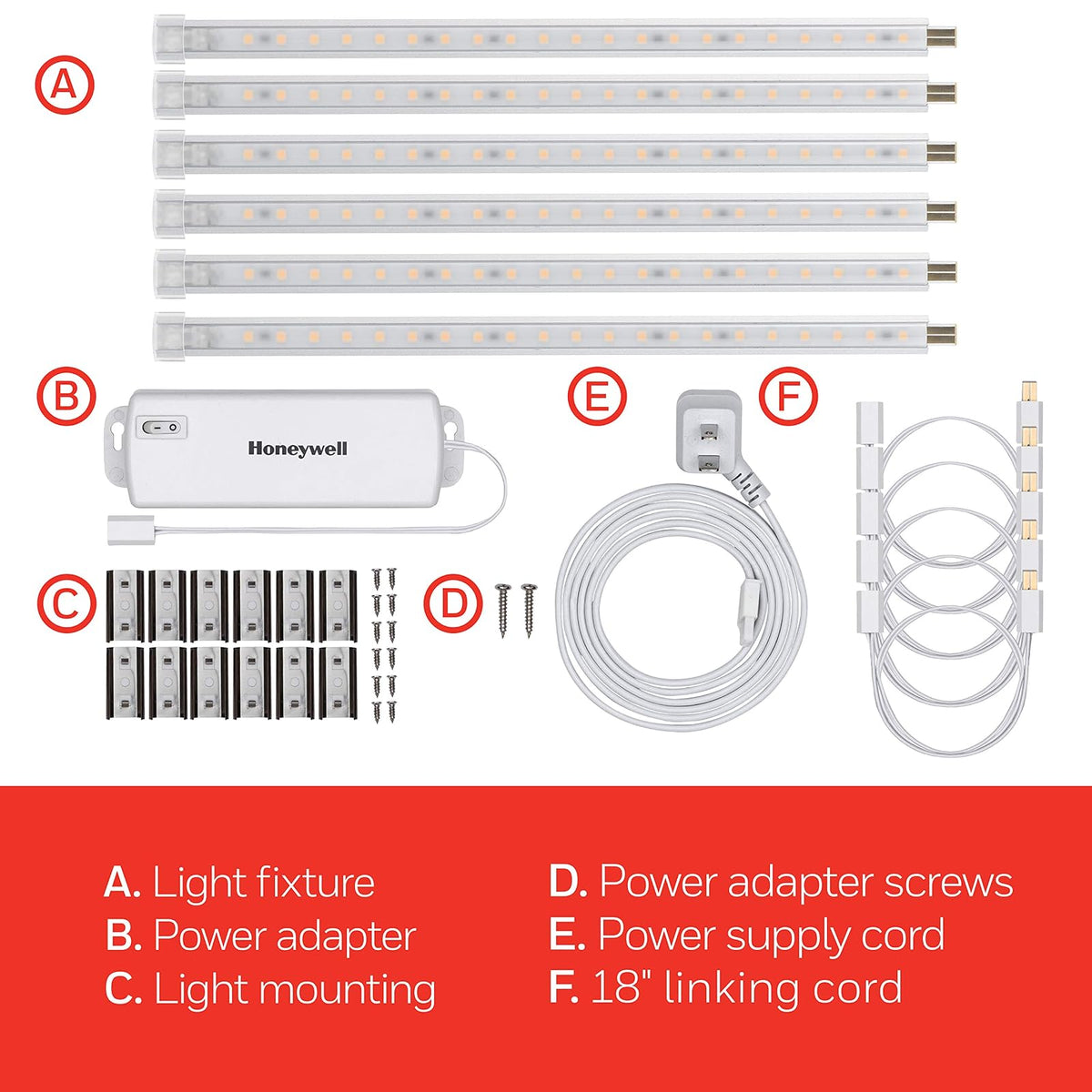 UltraPro 10 pulgadas. Tiras de LED enlazables, paquete de 6, 1360 lúmenes, luz blanca cálida 2700K, bajo voltaje, iluminación debajo del gabinete, luz de tira, enchufe plano, 44415