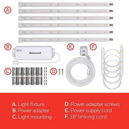 UltraPro 10 pulgadas. Tiras de LED enlazables, paquete de 6, 1360 lúmenes, luz blanca cálida 2700K, bajo voltaje, iluminación debajo del gabinete, luz de tira, enchufe plano, 44415