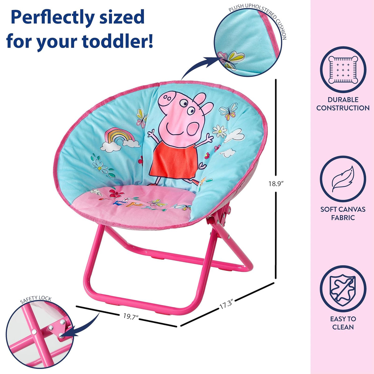 Idea Nuova Peppa Pig - Silla Plegable de 19 Pulgadas para recámara, Sala de Juegos o Sala de televisión, Silla para niños pequeños con Marco de Metal Plegable, portátil y cómoda, a Partir de 3 años