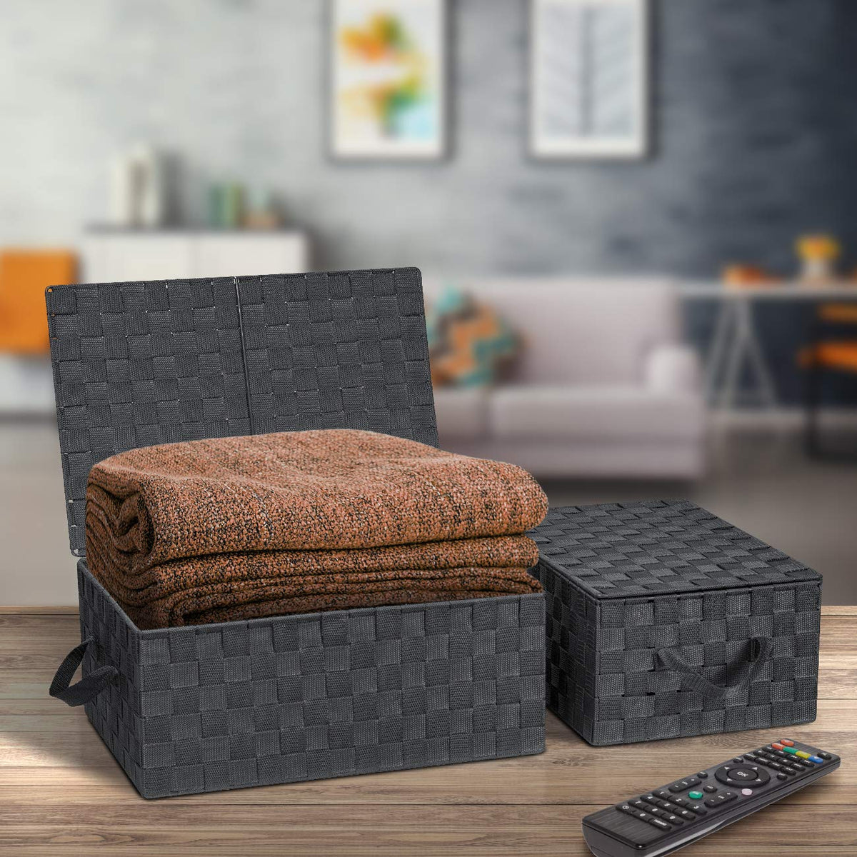Sorbus Set of 3 Storage Baskets for Organizing with Lid, Mesh Hand-Woven Design, Linen Closet Organizers and Storage, Organizer Storage Baskets for Shelves, Variety Pack Organizers and Storage (Gray)