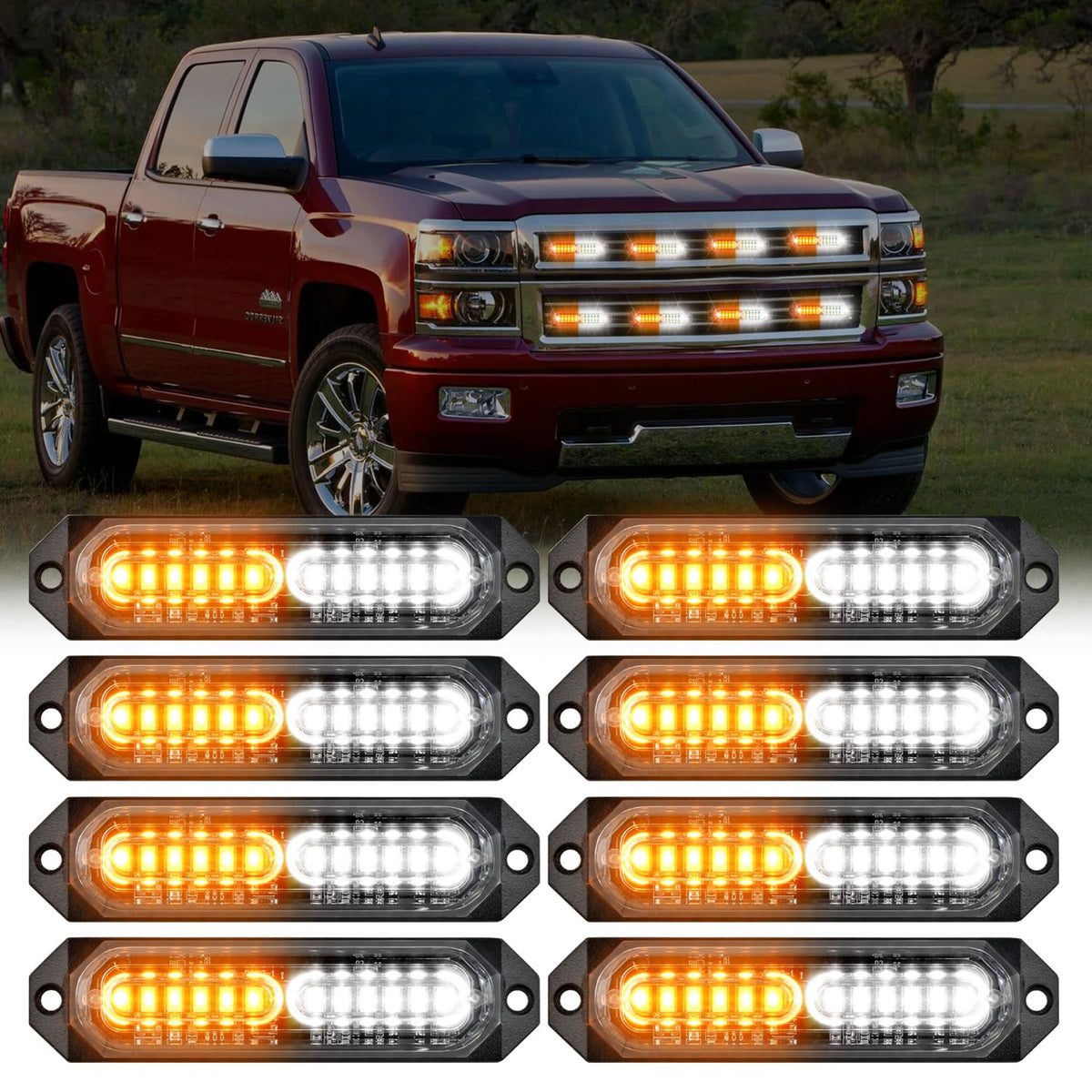 Nilight - 8 luces LED estroboscópicas, 12 LED, color ámbar blanco, luz de emergencia de 12 V, 24 V, montaje en superficie, luces intermitentes, advertencia de peligro, función de sincronización ultra
