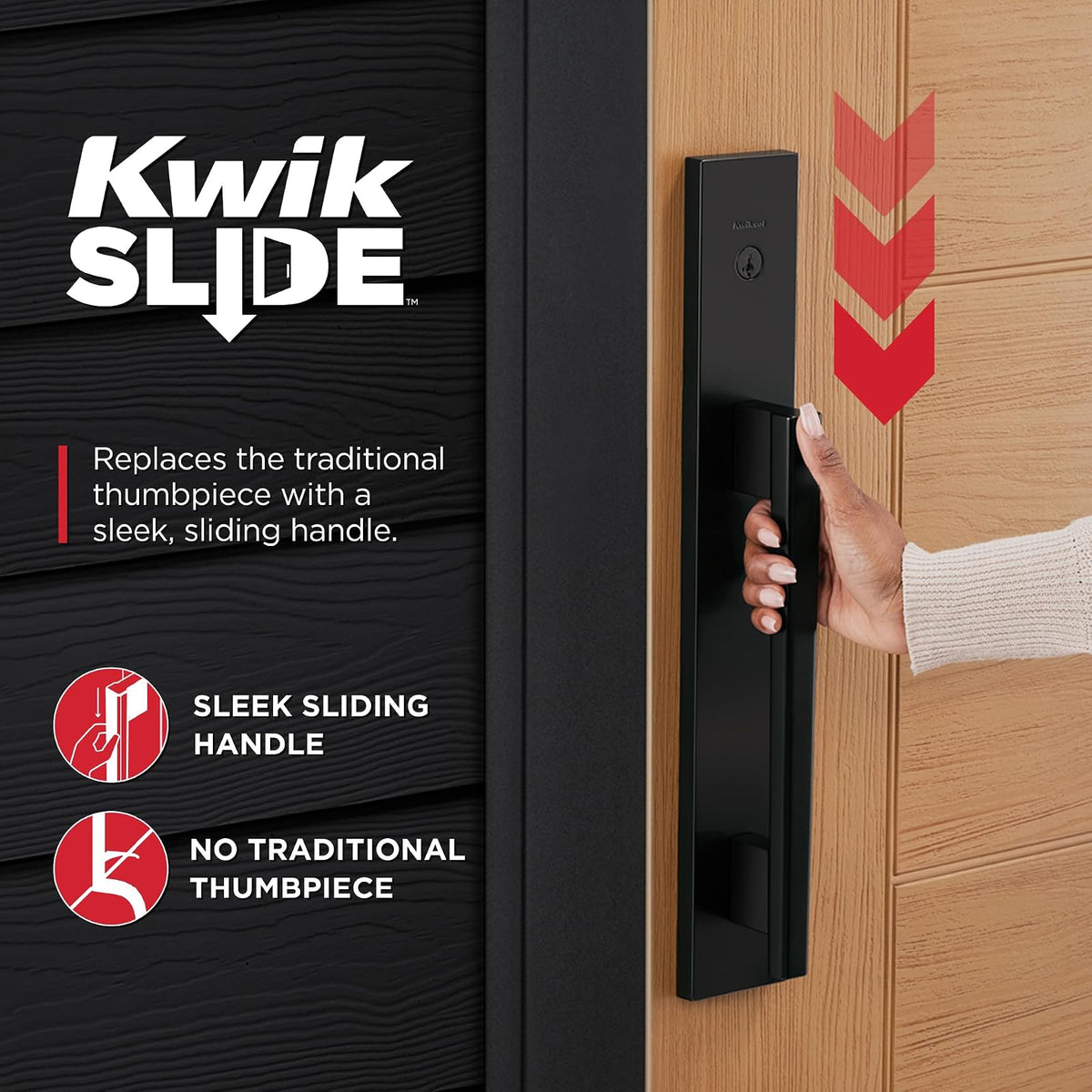 Kwikset Caerus - Juego de manijas y cerrojo de puerta delantera con palanca interior, color negro mate, seguridad SmartKey con KwikSlide, placa trasera de manija de puerta con escudo completo