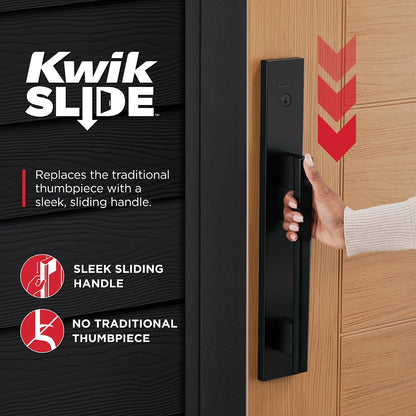 Kwikset Caerus - Juego de manijas y cerrojo de puerta delantera con palanca interior, color negro mate, seguridad SmartKey con KwikSlide, placa trasera de manija de puerta con escudo completo