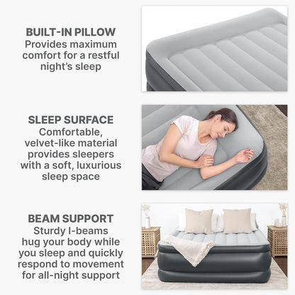SLEEPLUX Colchón de Aire Inflable Duradero con Bomba integrada, Almohada y Cargador USB, 22 Pulgadas de Alto tamaño Queen