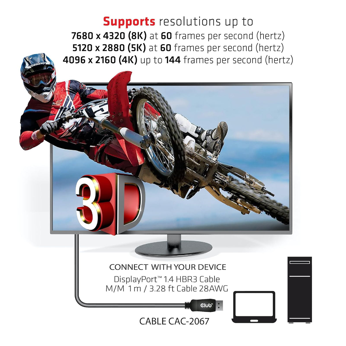 Club3D CAC-2067 DisplayPort to DisplayPort 1.4/HBR3 Cable DP 1.4 8K 60Hz 1m/3.28ft, Black