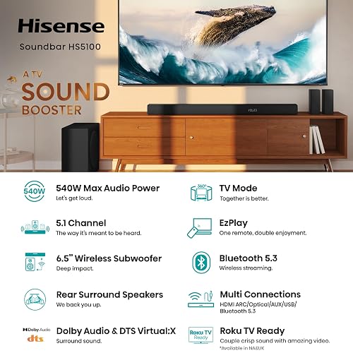 Hisense HS5100-5.1 Canal 540 W Barra de Sonido con subwoofer inalámbrico de 6.5 Pulgadas, 540 W de Potencia máxima de Audio, 5.3 Bluetooth inalámbrico, Alimentado por DTS Virtual: X, HDMI
