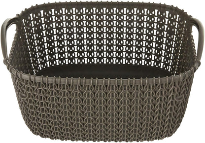 Curver - Set de 3 Canastas Knit, Juego de 3 Cestas De Plástico Estilo Ratán, L + S + XS, Organizadoras, Multiusos, Marrón