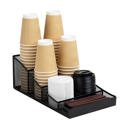 Mind Reader Cup and Condiment Station, Countertop Organizer, Coffee Bar, Kitchen, Metal Mesh, 8.5"L x 14.5"W x 5.25"H, Black