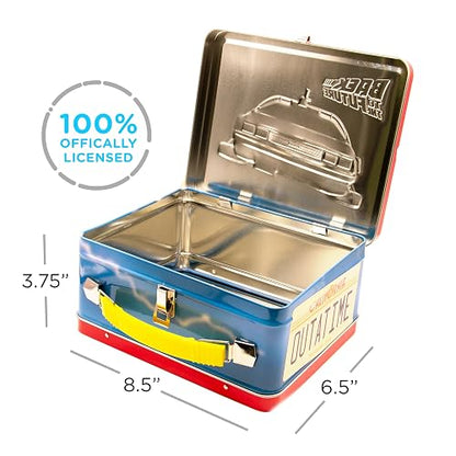 AQUARIUS Back to the Future Gen 2 Fun Box - Caja de almacenamiento de lata resistente con mango de plástico y cubierta frontal en relieve, producto oficial XXXXX y regalo coleccionable para niños,