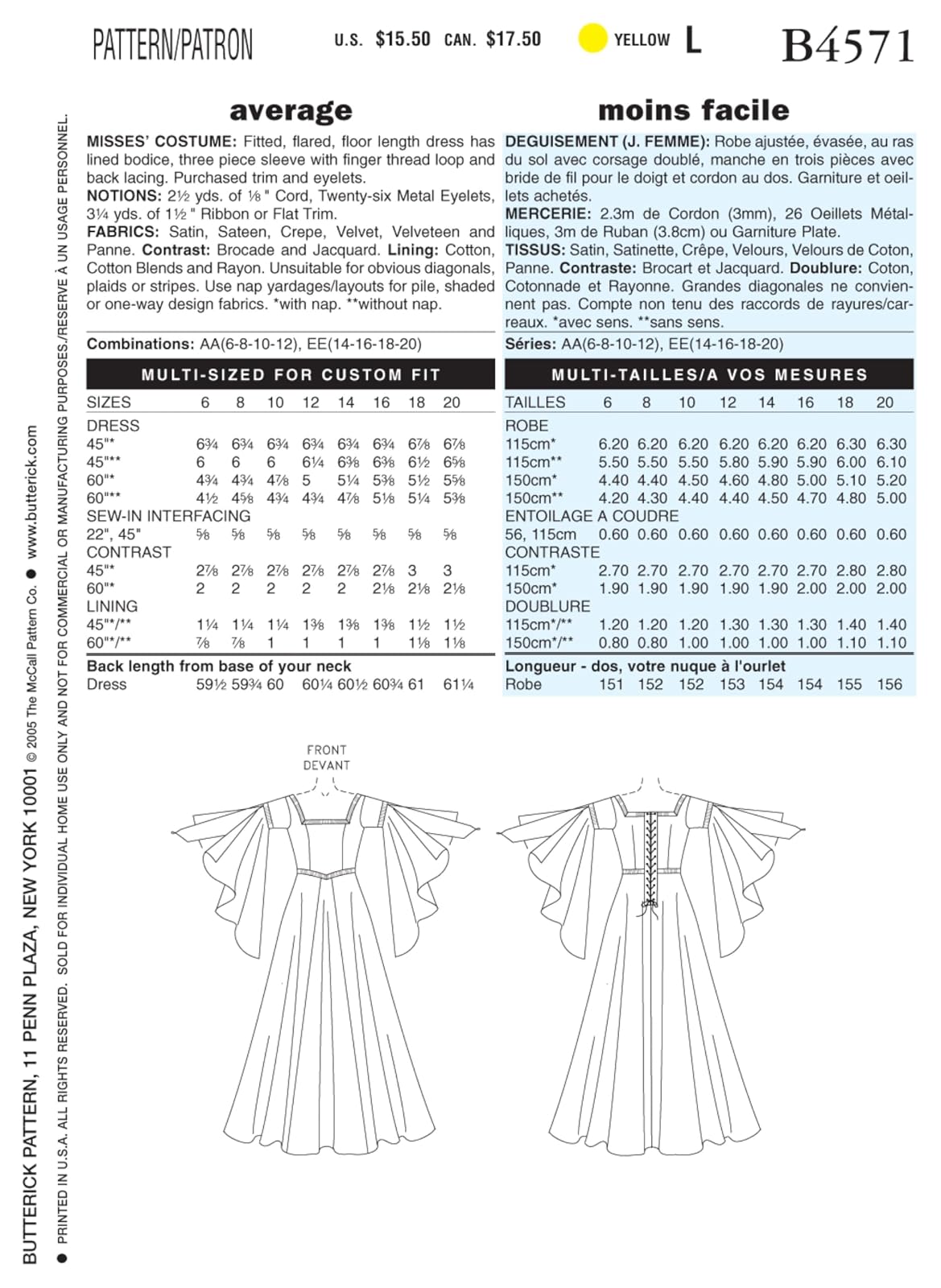 Butterick B4571 - Vestido Medieval para Mujer, diseño de Costura de Disfraz de Feria renacentista, Tallas 14-20