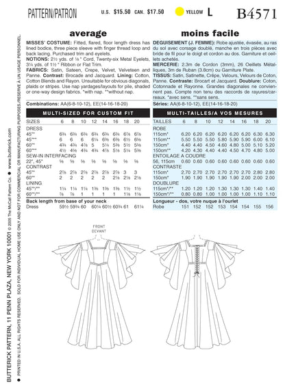 Butterick B4571 - Vestido Medieval para Mujer, diseño de Costura de Disfraz de Feria renacentista, Tallas 14-20