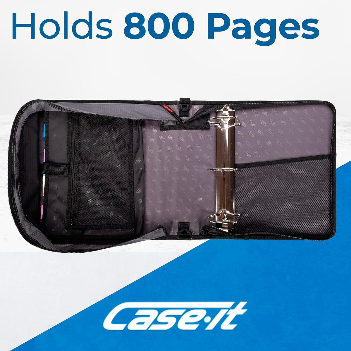 Case it - Carpeta de pestañas Mighty con cierre, 3 anillos, capacidad de 4 pulgadas, 11 x 8.5, color negro