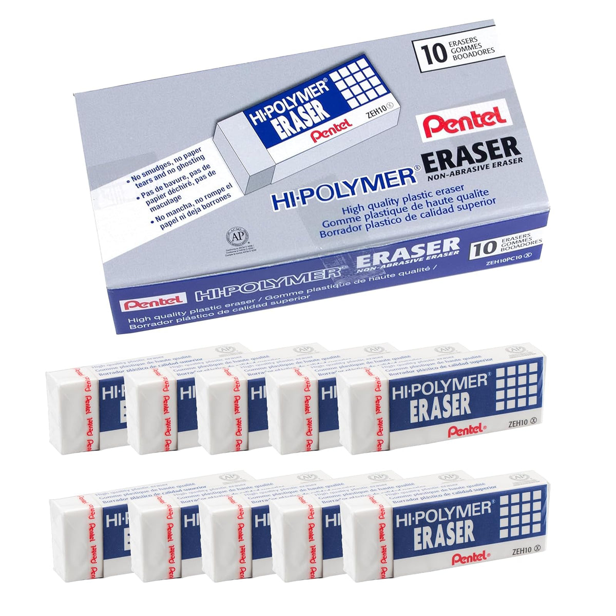 Pentel Hi-Polymer Block Eraser, Large, White, Pack of 10 (ZEH10PC10)