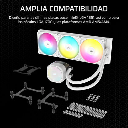 Corsair Nautilus 360 RS ARGB Refrigeración Líquida para CPU de 360 mm, Conexión Directa a la Placa Base, Compatible con Intel LGA 1851/1700 y AMD AM5/AM4, 3 Ventiladores RS120 Incluidos, Blanco
