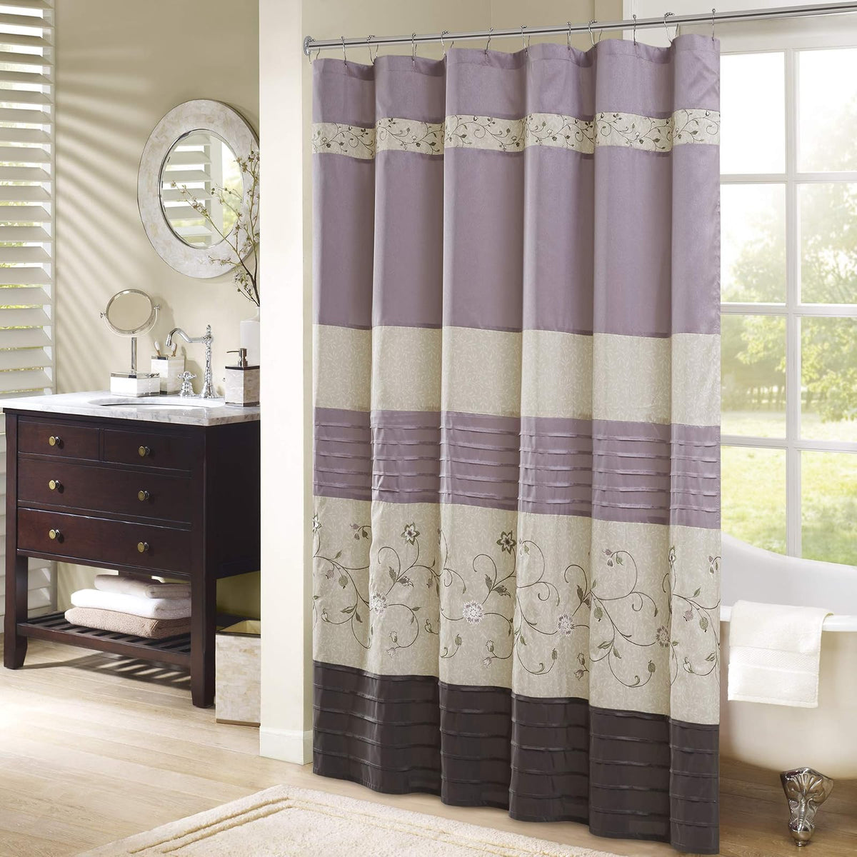Serene Faux Silk Embroidered Floral Shower Curtain Purple 72x72" | Añade privacidad, lavable a máquina, patrón floral, certificado OEKO-TEX