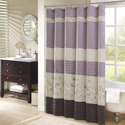Serene Faux Silk Embroidered Floral Shower Curtain Purple 72x72" | Añade privacidad, lavable a máquina, patrón floral, certificado OEKO-TEX