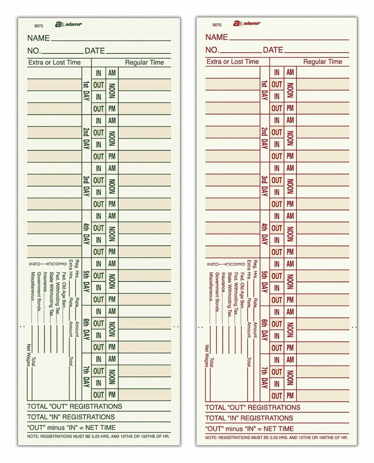 Adams Tarjetas de Tiempo Bi-semanales, 2 Caras, 3-3/8" x 9", Manila, Impresión Verde/Rojo, 200 Unidades