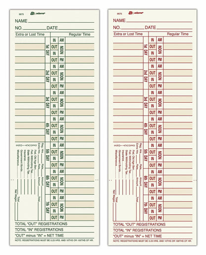 Adams Tarjetas de Tiempo Bi-semanales, 2 Caras, 3-3/8" x 9", Manila, Impresión Verde/Rojo, 200 Unidades