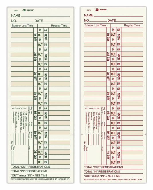 Adams Tarjetas de Tiempo Bi-semanales, 2 Caras, 3-3/8" x 9", Manila, Impresión Verde/Rojo, 200 Unidades