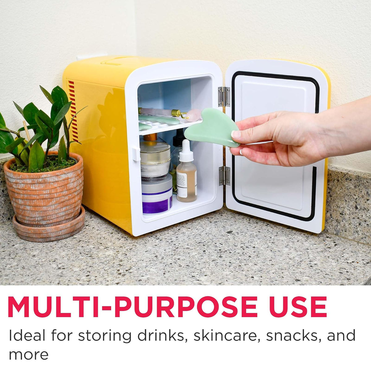 Frigidaire Curtis EFMIS151 Mini Portable Compact Personal Cooler Fridge, 4 Liter Capacity, 6 Cans, Makeup, Skincare, Freon-Free & Eco Friendly, Includes Home Plug & 12V Car Charger, Yellow