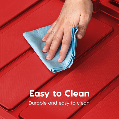 IRIS USA 4 Contenedores Resistentes de 12 Gal con Tapa, Rojo | Diseñado para equipo estacional y suministros. Forma apilable que aprovecha espacio en garajes y estantes.