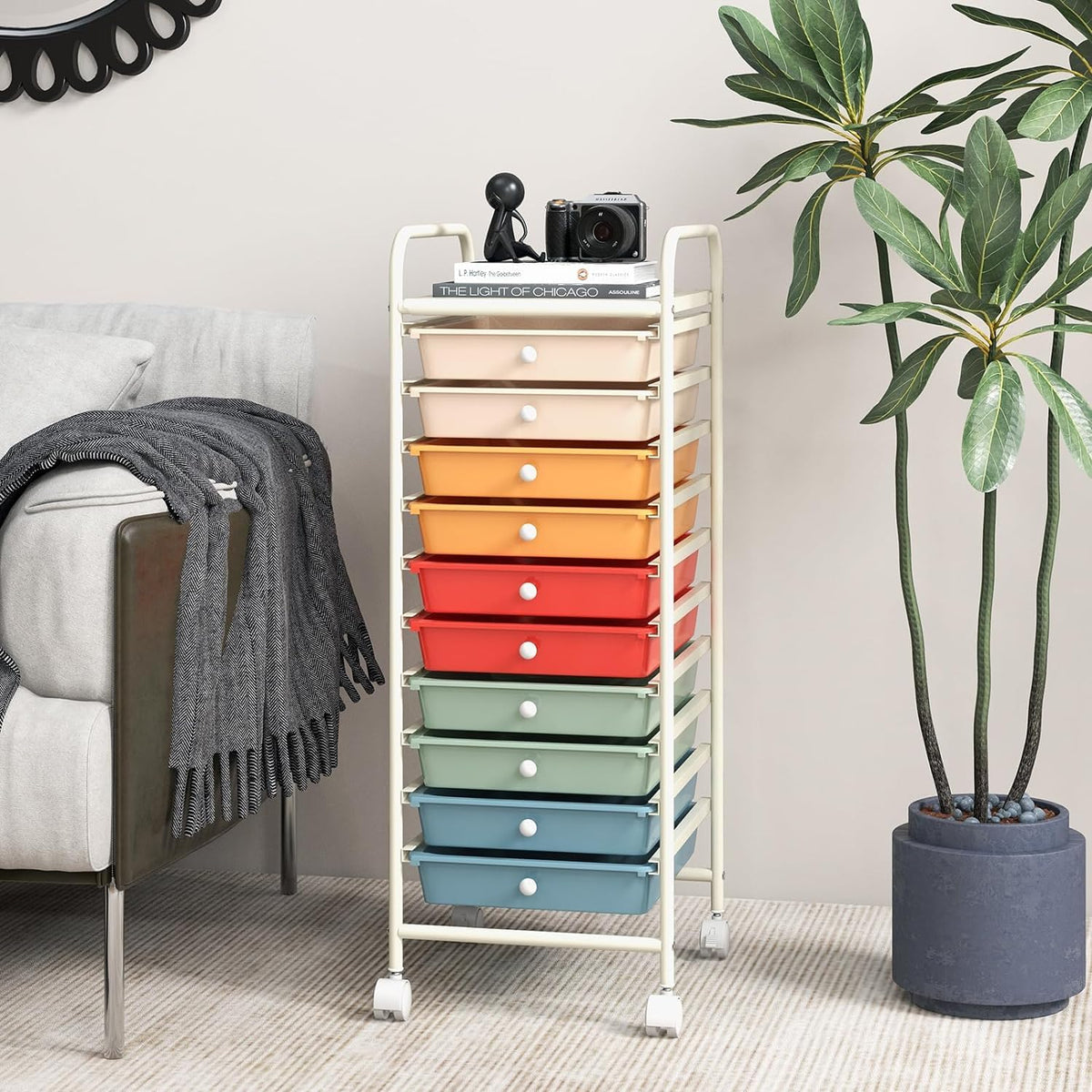 OFFICEJOY - Carrito de almacenamiento con 10 cajones, asas portátiles y ruedas con bloqueo, organizador de almacenamiento de juguetes de papel móvil de gran capacidad para el hogar, oficina, profesor