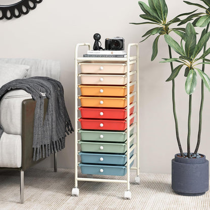 OFFICEJOY - Carrito de almacenamiento con 10 cajones, asas portátiles y ruedas con bloqueo, organizador de almacenamiento de juguetes de papel móvil de gran capacidad para el hogar, oficina, profesor