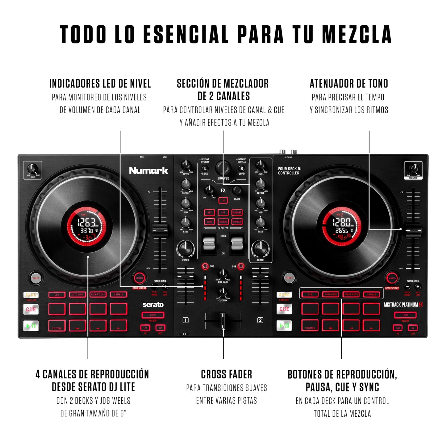 Numark Mixtrack Platinum FX Controlador DJ Para Serato DJ Con Control de 4 Secciones, Mezclador DJ, Interfaz de Audio Incorporada, Pantallas en Las Ruedas de Selección y Paletas de Efectos