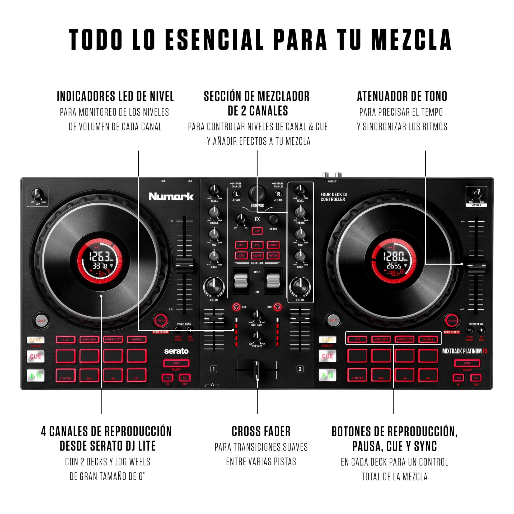 Numark Mixtrack Platinum FX Controlador DJ Para Serato DJ Con Control de 4 Secciones, Mezclador DJ, Interfaz de Audio Incorporada, Pantallas en Las Ruedas de Selección y Paletas de Efectos