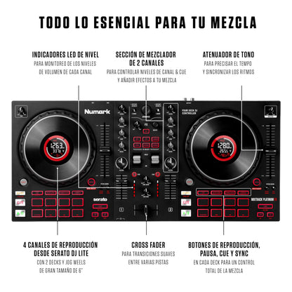 Numark Mixtrack Platinum FX Controlador DJ Para Serato DJ Con Control de 4 Secciones, Mezclador DJ, Interfaz de Audio Incorporada, Pantallas en Las Ruedas de Selección y Paletas de Efectos