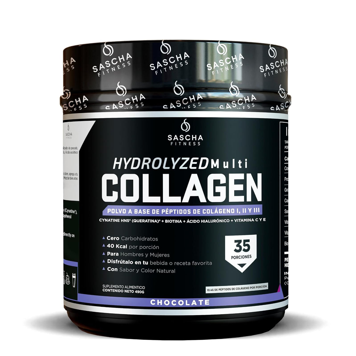 Sascha Fitness Multi Colágeno Hidrolizado | Ácido Hialurónico | Biotina | Cynatine HNS | Vitamina C & E - Sabor Chocolate