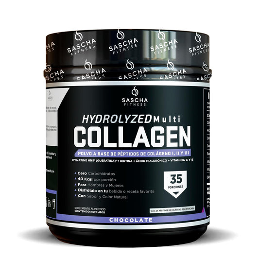 Sascha Fitness Multi Colágeno Hidrolizado | Ácido Hialurónico | Biotina | Cynatine HNS | Vitamina C & E - Sabor Chocolate